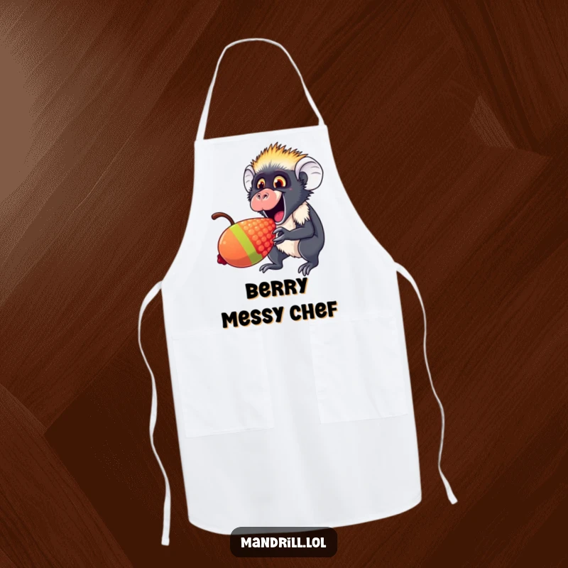 Funny Mandrill Apron: An excited mandrill nibbles a giant rainbow berry, bringing joyful protection to the kitchen.