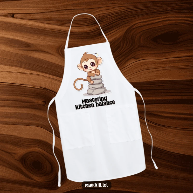 Funny Monkey Apron: A small monkey with bright eyes balances a stack of smooth stones, perhaps kitchen items.