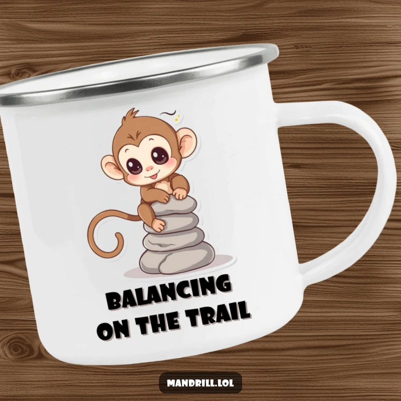 Funny Monkey Camping Mug: A small monkey with bright eyes balances a stack of smooth stones, ready for camping.