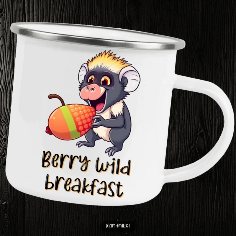 Funny Mandrill Camping Mug: An excited mandrill nibbles a giant rainbow berry, perfect for humorous outdoor drinks.