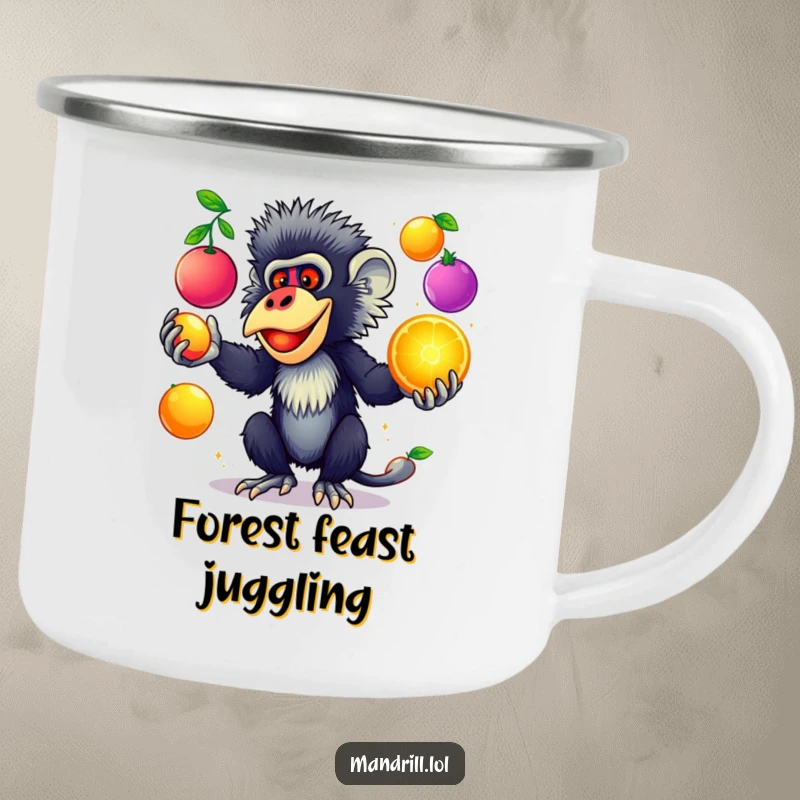 Funny Mandrill Camping Mug: A mandrill with striking colors juggles colorful, glowing fruits, perfect for humorous outdoor drinks.