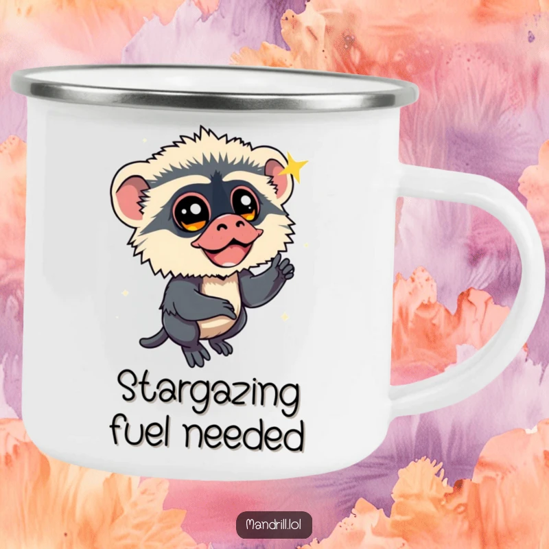 Funny Mandrill Camping Mug: A mandrill with bright eyes watches a sparkling shooting star, perfect for humorous outdoor drinks.