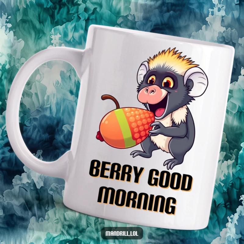 Funny Mandrill Mug: A mandrill with a wide, excited expression happily nibbles on a giant, colorful rainbow berry.