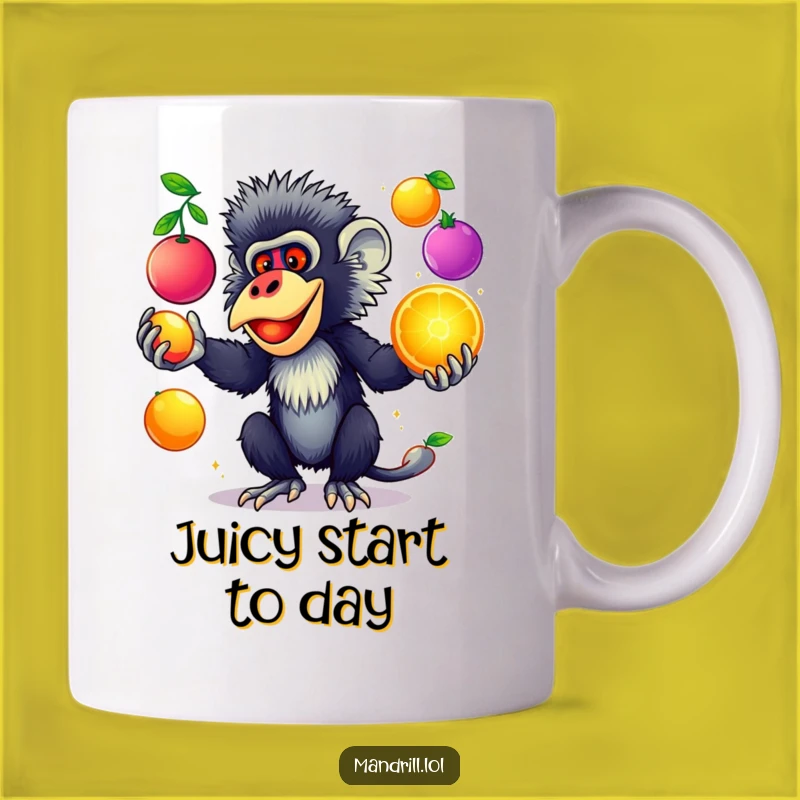 Funny Mandrill Juggling Mug: Colorful Fruit & Primate Fun Gift
