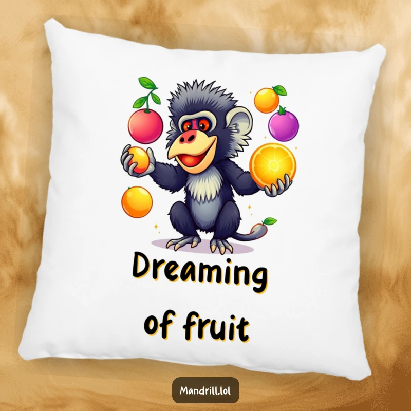 Funny Mandrill Pillow: A mandrill with striking colors juggles colorful, glowing fruits, offering soft, humorous comfort.