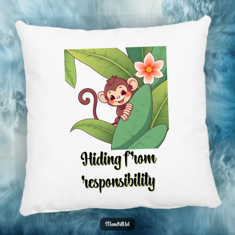 Funny Monkey Pillow: A cute monkey with a curly tail peeks from behind a giant jungle flower, adding cozy humor.