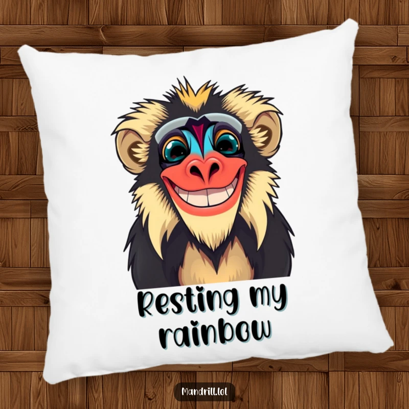 Funny Mandrill Pillow: A mandrill with vibrant, exaggerated colors grins widely, offering soft, humorous decor.