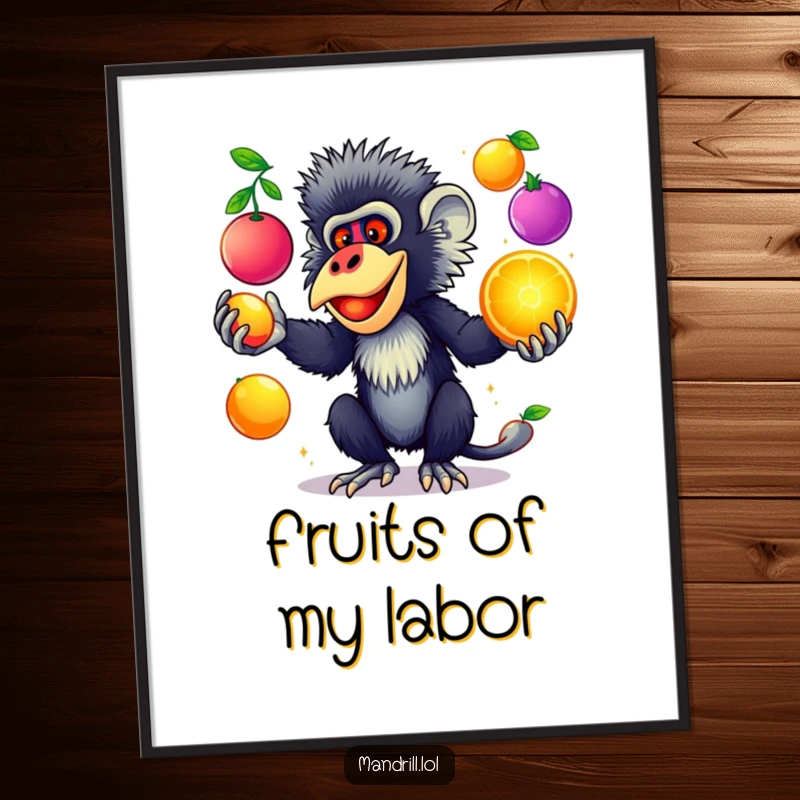 Funny Mandrill Digital Art Print: A mandrill with striking colors juggles colorful, glowing fruits, offering instant, humorous art.