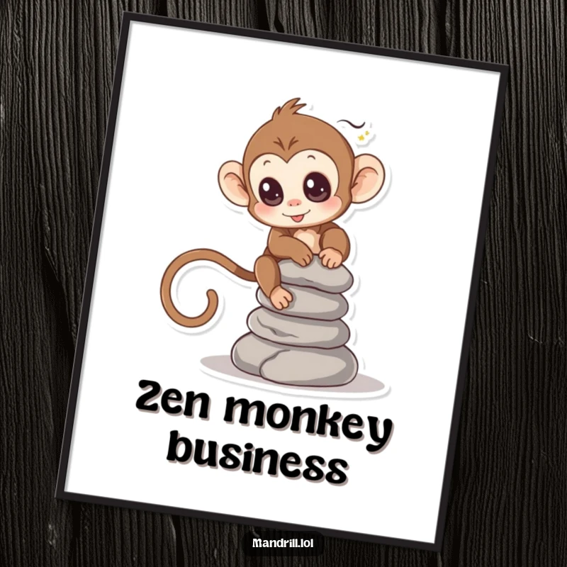 Funny Monkey Digital Art: A small monkey with bright eyes balances a stack of smooth stones, conveying peace.
