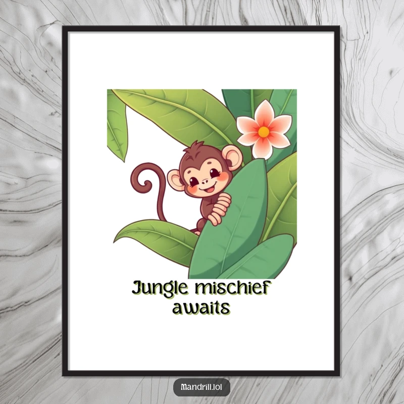Funny Monkey Digital Art: A mischievous monkey with a curly tail peeks from behind a giant jungle flower, full of fun.