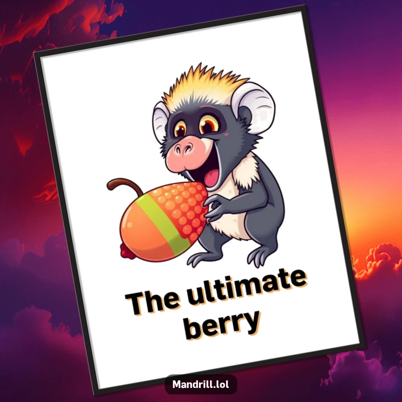 Funny Mandrill Digital Art Print: An excited mandrill nibbles a giant rainbow berry, offering instant, joyful humor.