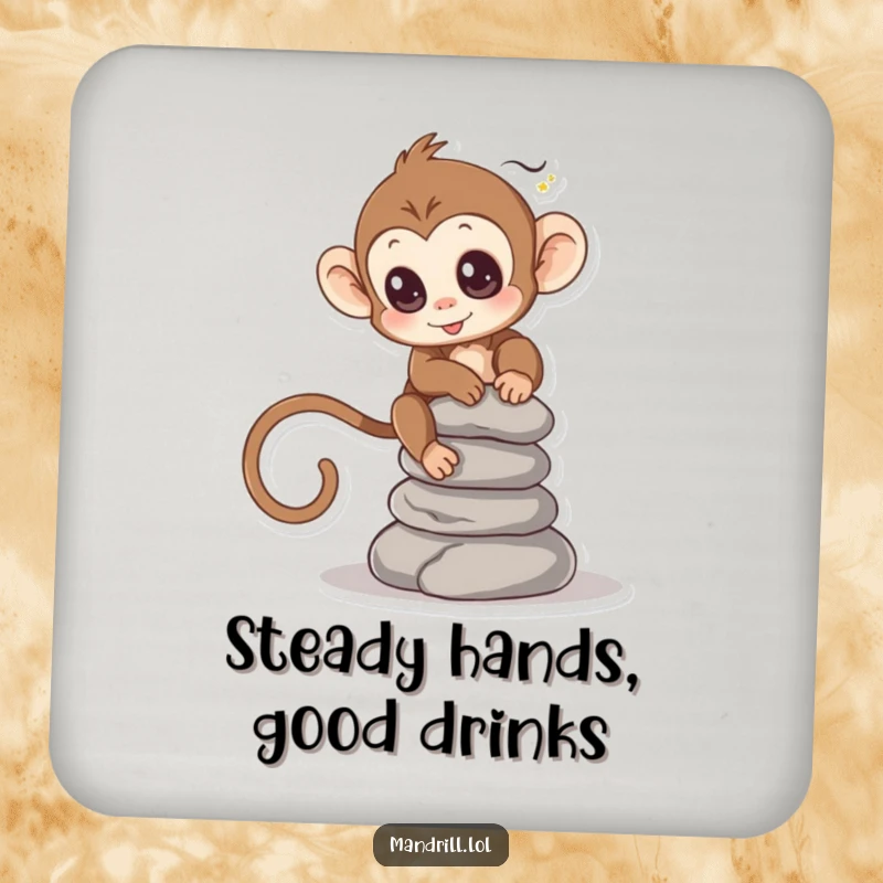 Funny Monkey Coaster: A small monkey with bright eyes balances a stack of smooth stones, protecting surfaces.