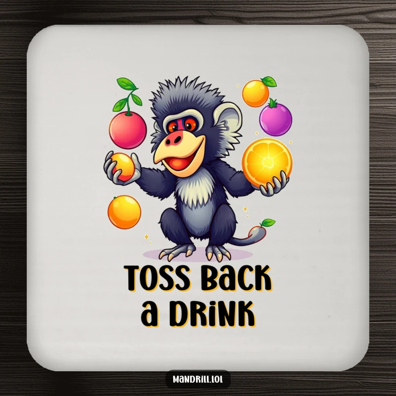 Funny Mandrill Coaster Set: Mandrill with striking colors juggles colorful, glowing fruits, offering humorous surface protection.