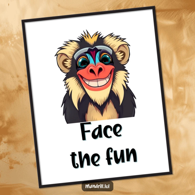 Funny Mandrill Poster: A mandrill with exaggerated, bright facial colors grins widely, creating vibrant and humorous wall art.