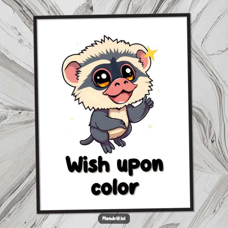 Funny Mandrill Poster: A mandrill with bright eyes watches a sparkling shooting star, creating whimsical and humorous wall art.