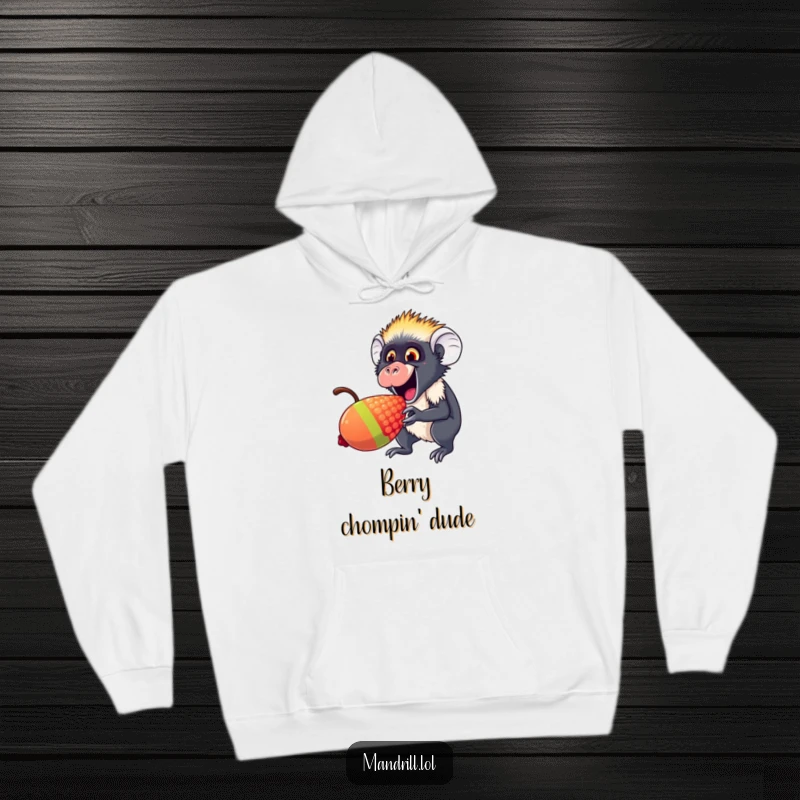 Funny Mandrill Hoodie: An excited mandrill happily nibbles a giant rainbow berry, offering cozy, humorous comfort.