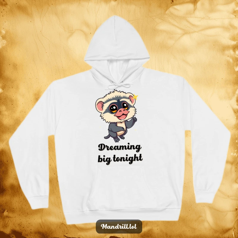 Funny Mandrill Hoodie: A mandrill with bright eyes watches a sparkling shooting star, offering cozy, inspiring warmth.