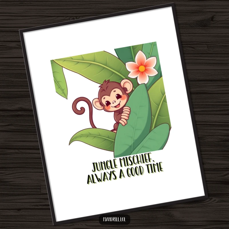 Funny Free Printable Monkey Wall Art: Mischievous monkey peeking playfully from behind a giant jungle flower, bringing humor.