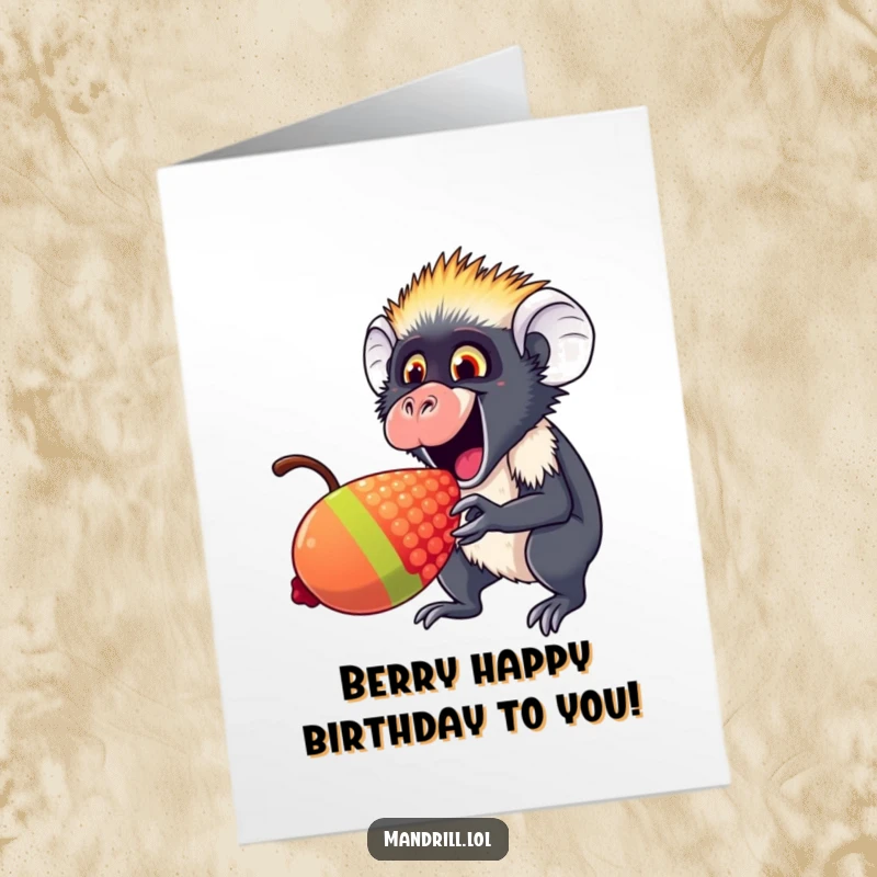 Funny Free Printable Birthday Card: An excited mandrill happily nibbling a huge rainbow berry.