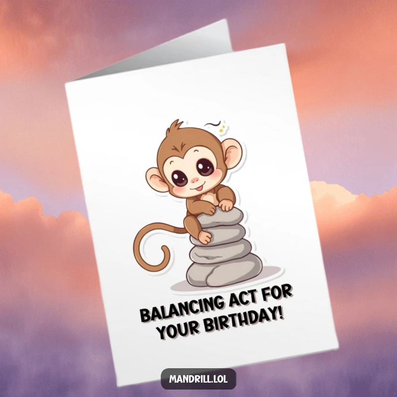Funny Free Printable Monkey Birthday Card: Energetic monkey with bright eyes trying to balance a tall stack of stones.