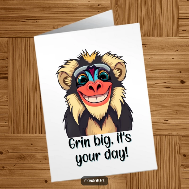 Funny Free Printable Birthday Card: A vibrant mandrill with exaggerated facial colors, grinning widely and joyfully.