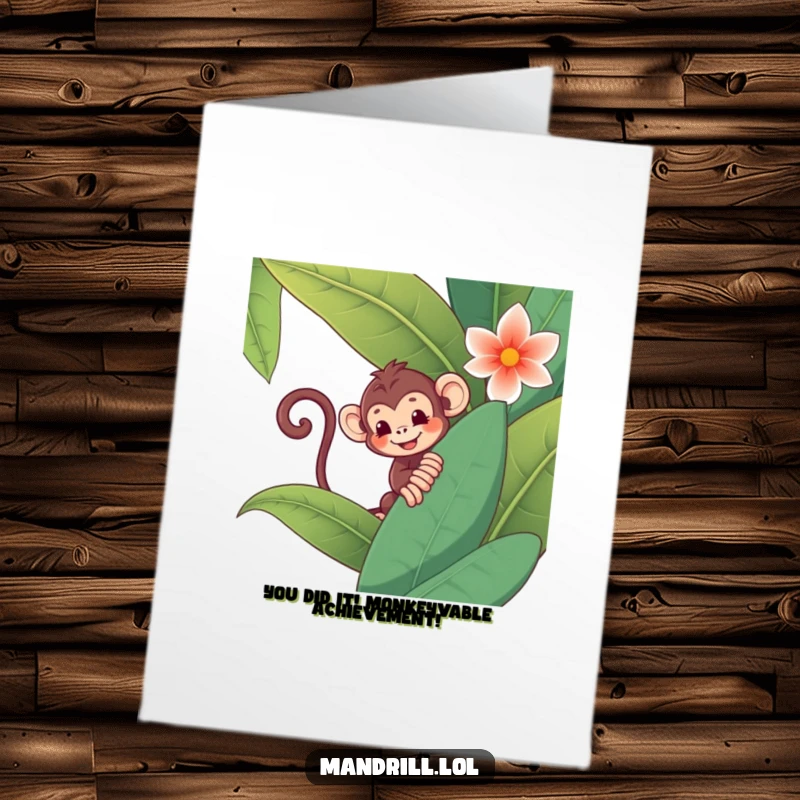 Funny Free Printable Monkey Congratulations Card: Mischievous monkey hiding behind a flower, cheering with joy and surprise.