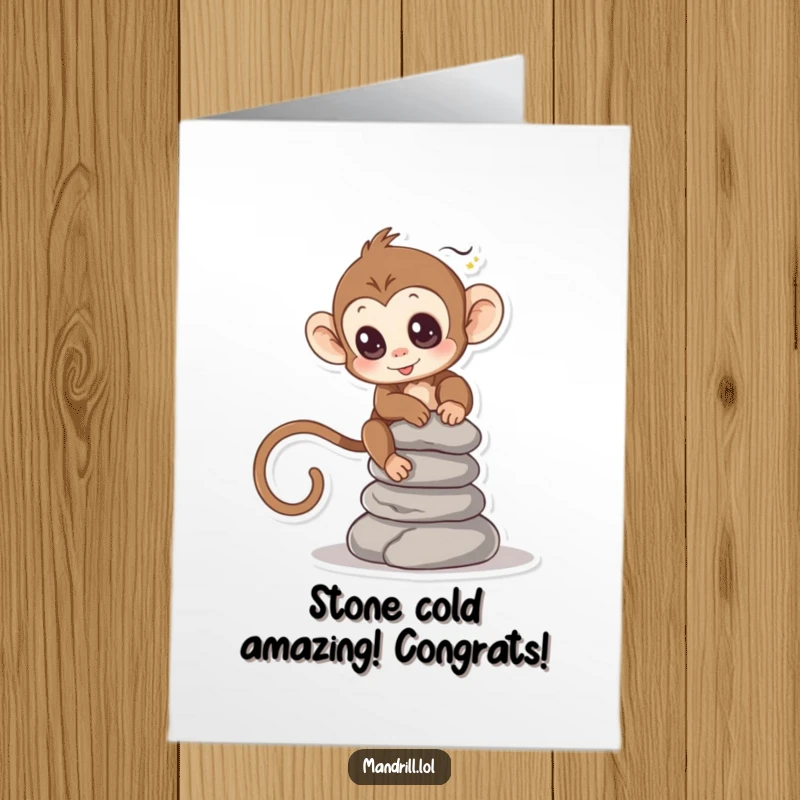 Funny Free Printable Monkey Congratulations Card: Lively monkey focused on balancing a precarious stack of stones with bright eyes.