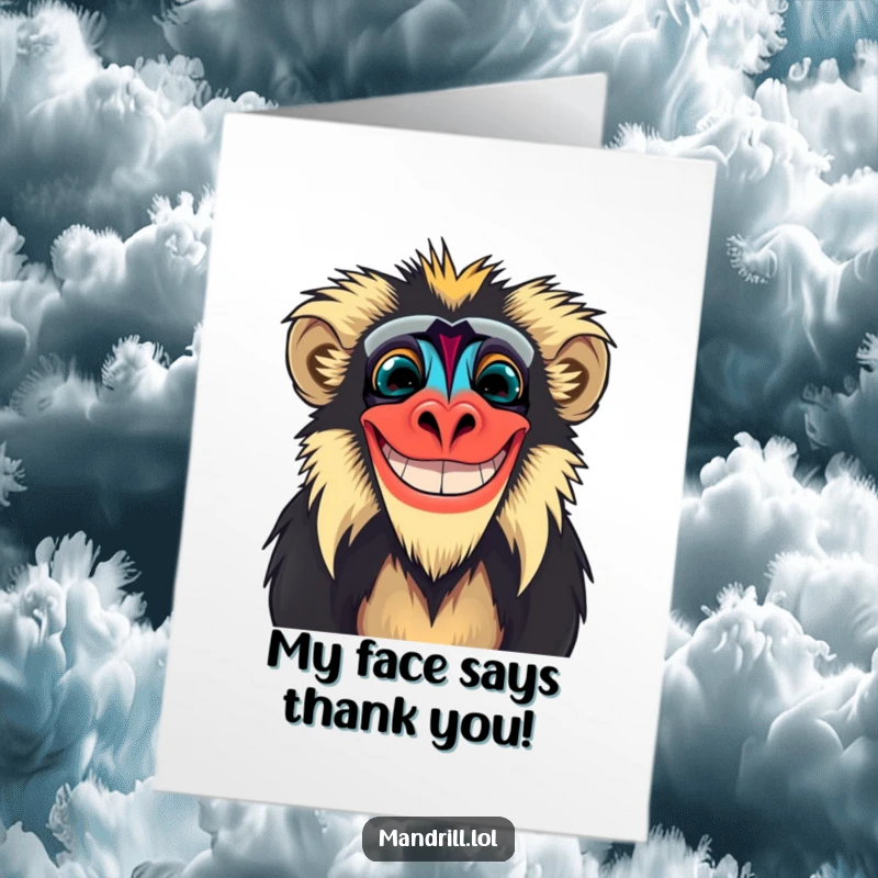 Funny Free Printable Thank You Card: A brightly colored mandrill with an exaggerated facial grin, saying thanks.