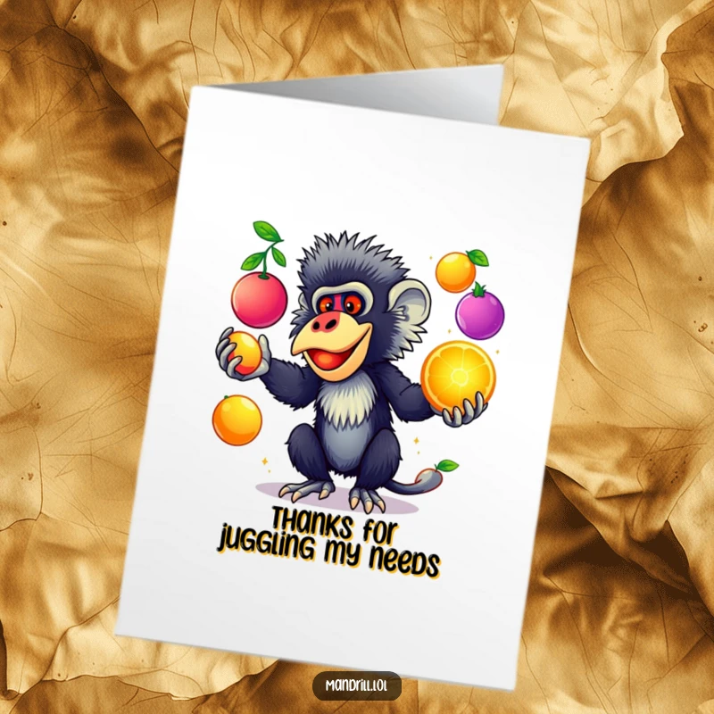Funny Free Printable Thank You Card: A vibrant mandrill juggling glowing fruits, expressing sincere thanks.
