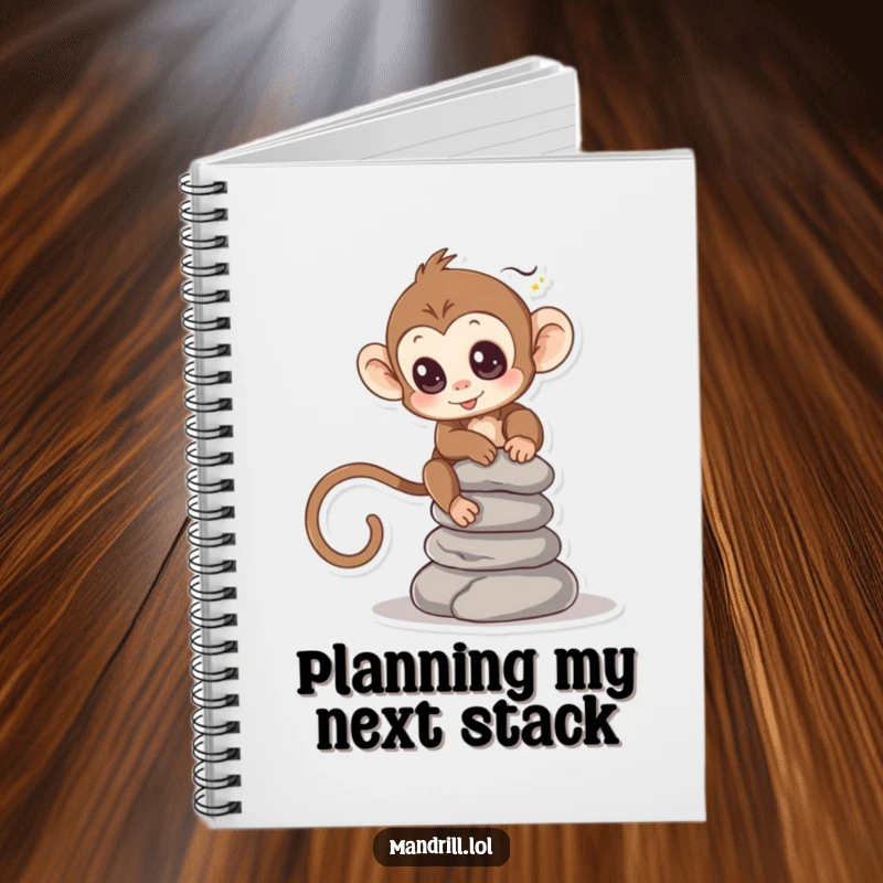 Funny Monkey Notebook: A small monkey with bright eyes attempts to balance a stack of smooth stones, symbolizing focus.