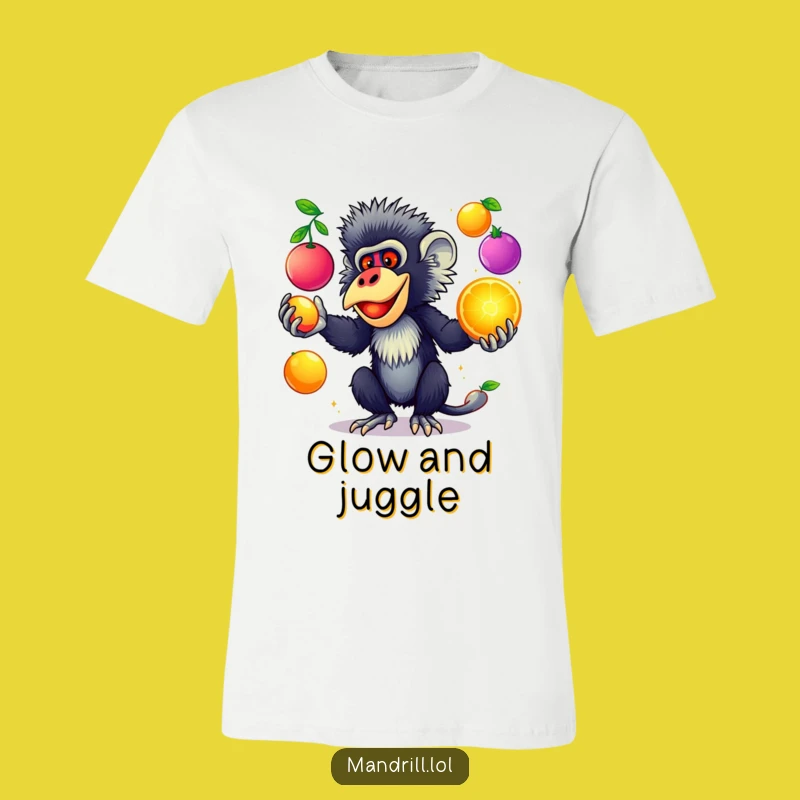 Funny Mandrill Juggling T-Shirt: Primate Fun with Glowing Fruit Tee