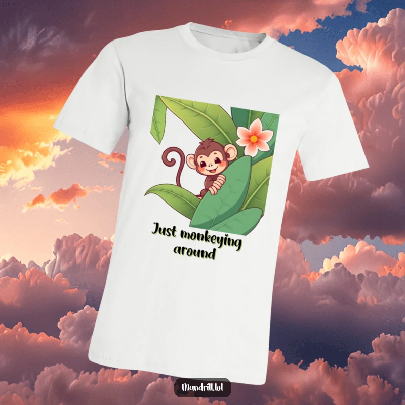 Funny Monkey T-Shirt: A playful monkey with a curly tail peeks from behind a giant jungle flower, embodying jungle mischief.