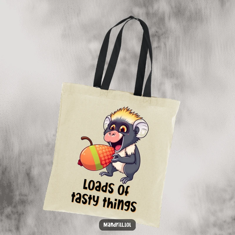 Funny Mandrill Tote Bag: An excited mandrill nibbles a giant rainbow berry, perfect for carrying goodies with joy.